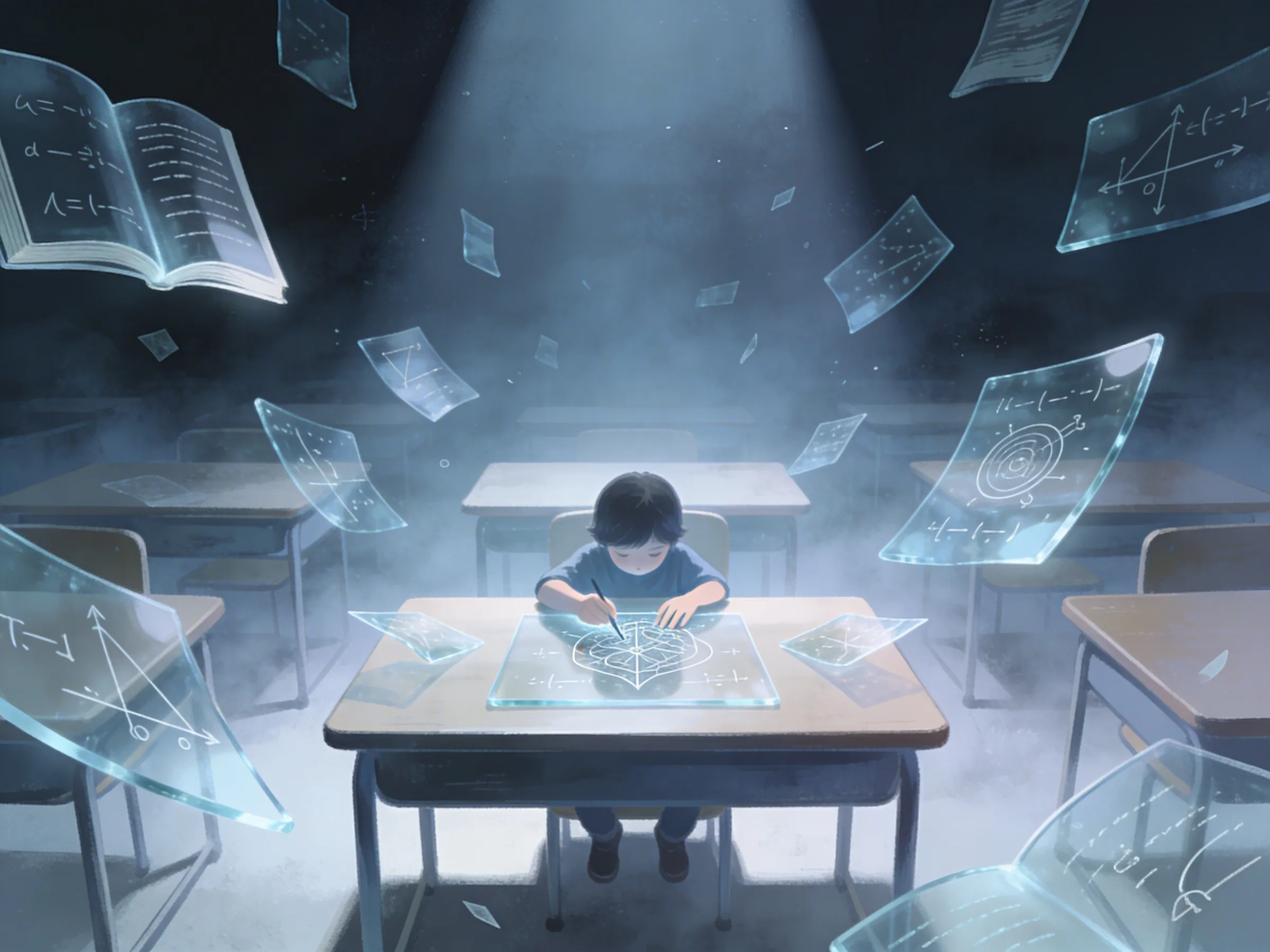 孩子在教室中描摹漂浮的知識碎片