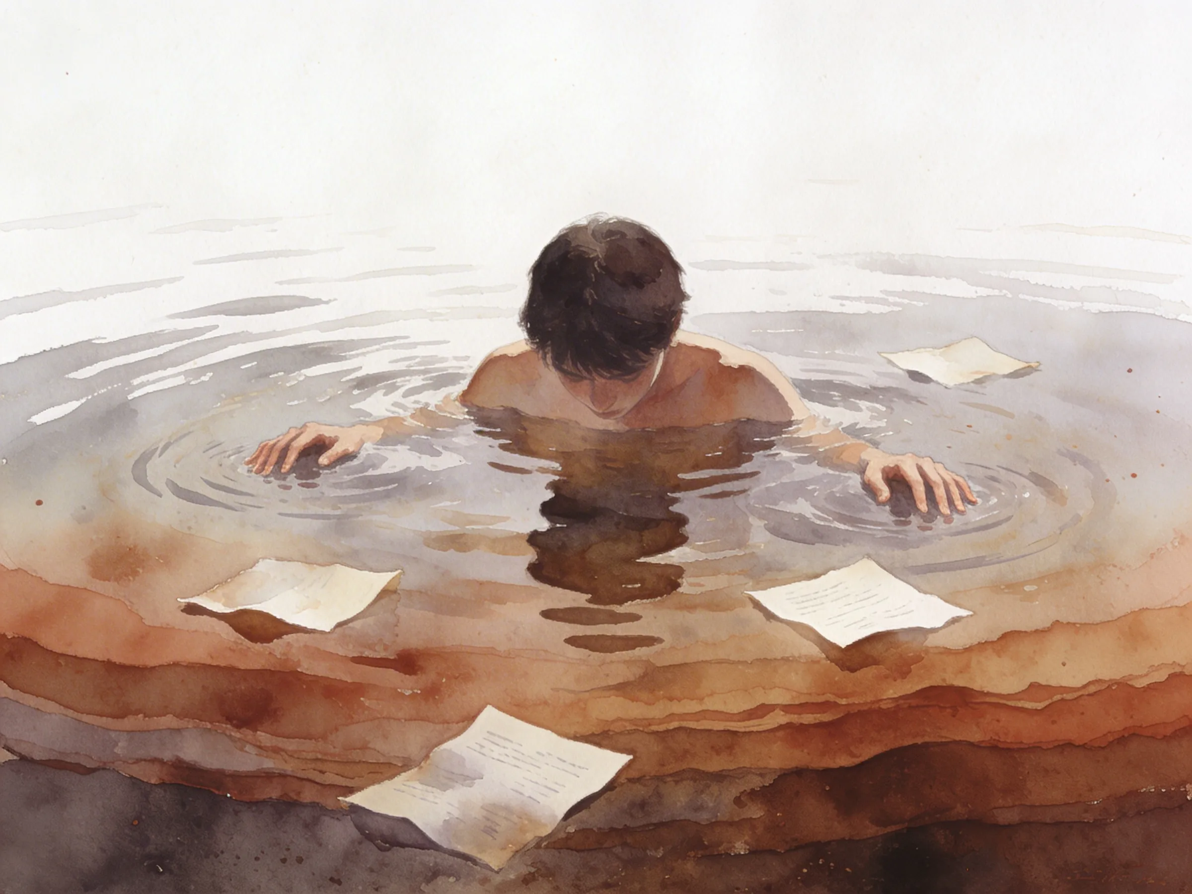 一個人半身沒入水中，水面紙頁溶解，水下色彩層層沉積