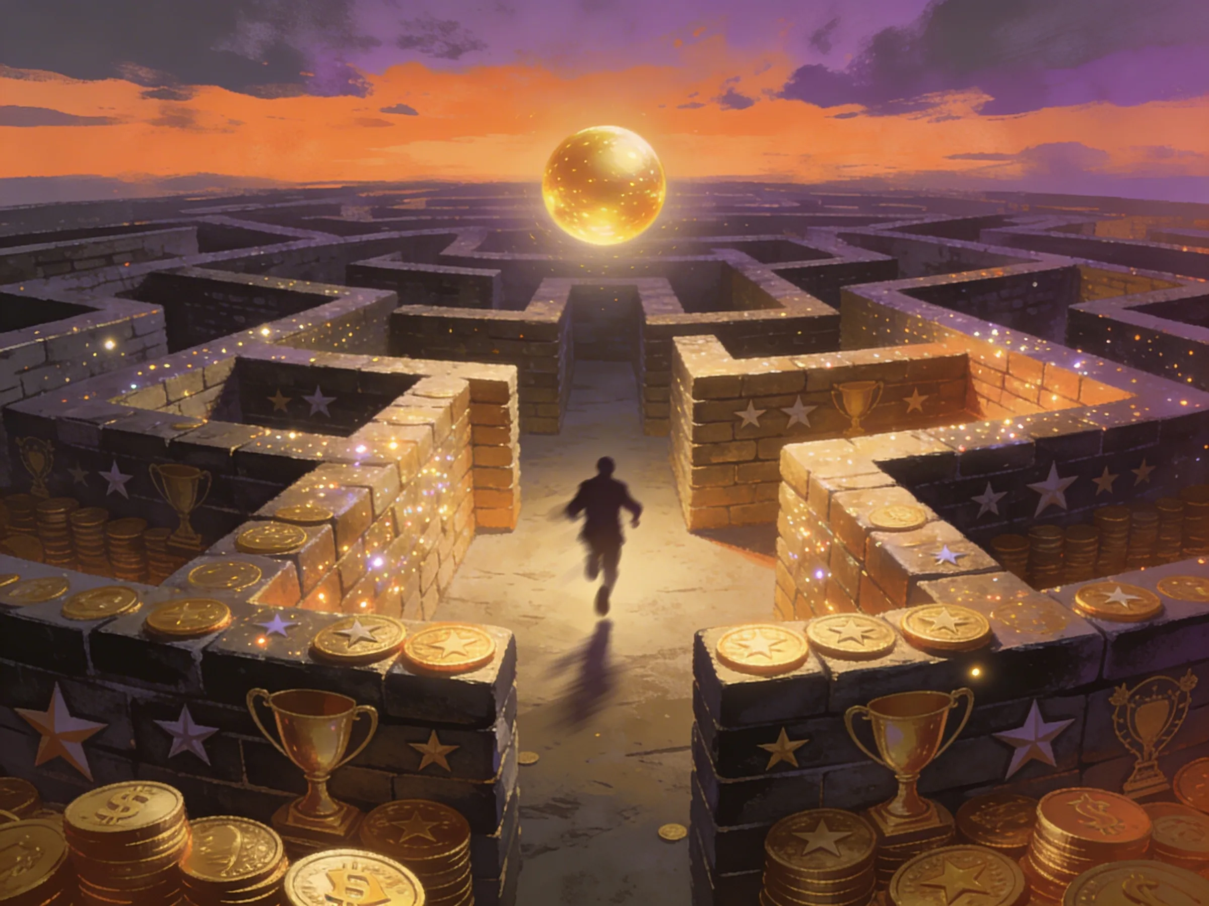 人影在金幣獎盃迷宮中追逐光球