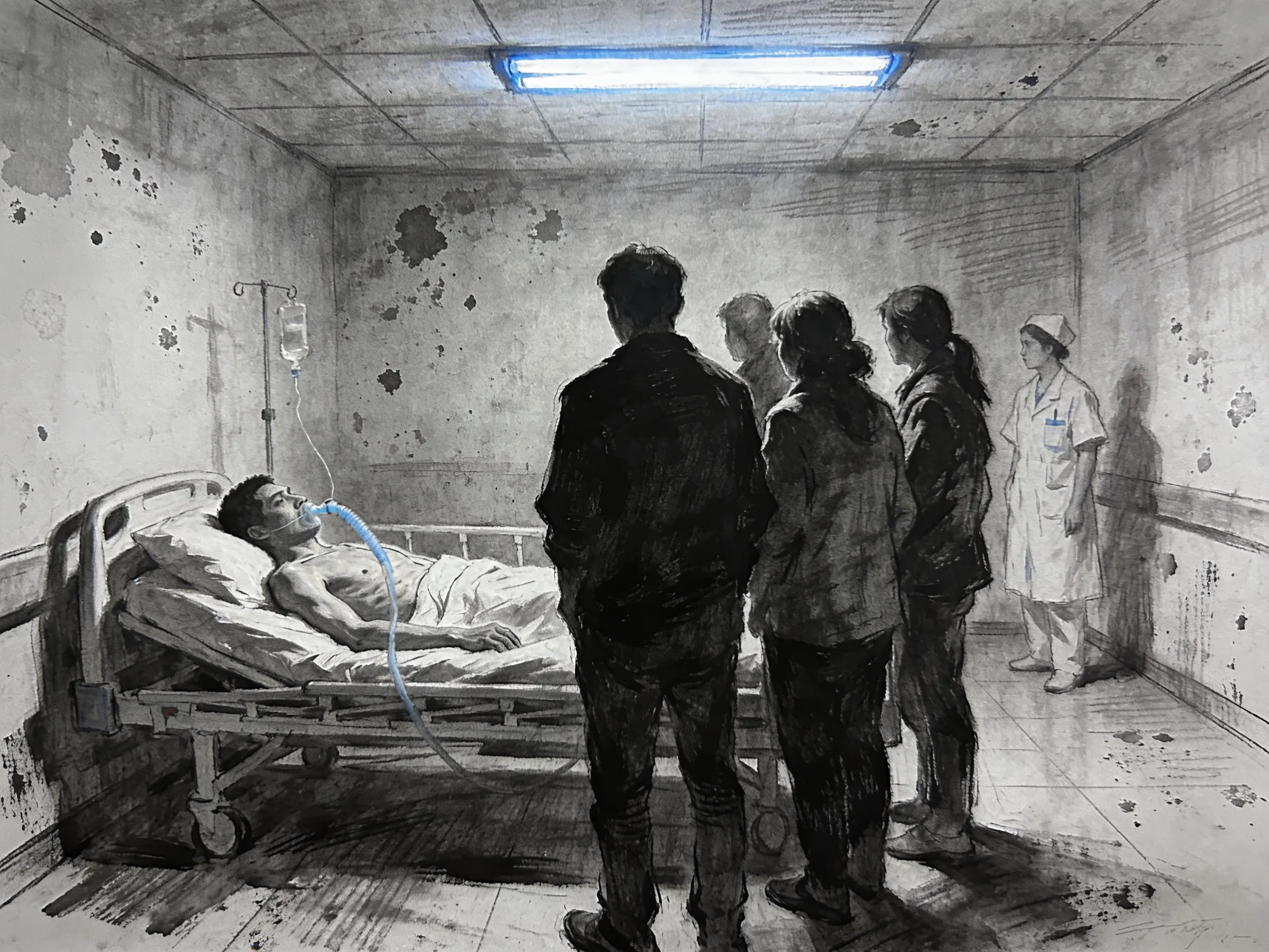插著呼吸管的父親躺在病床上，家屬與護士圍站床邊