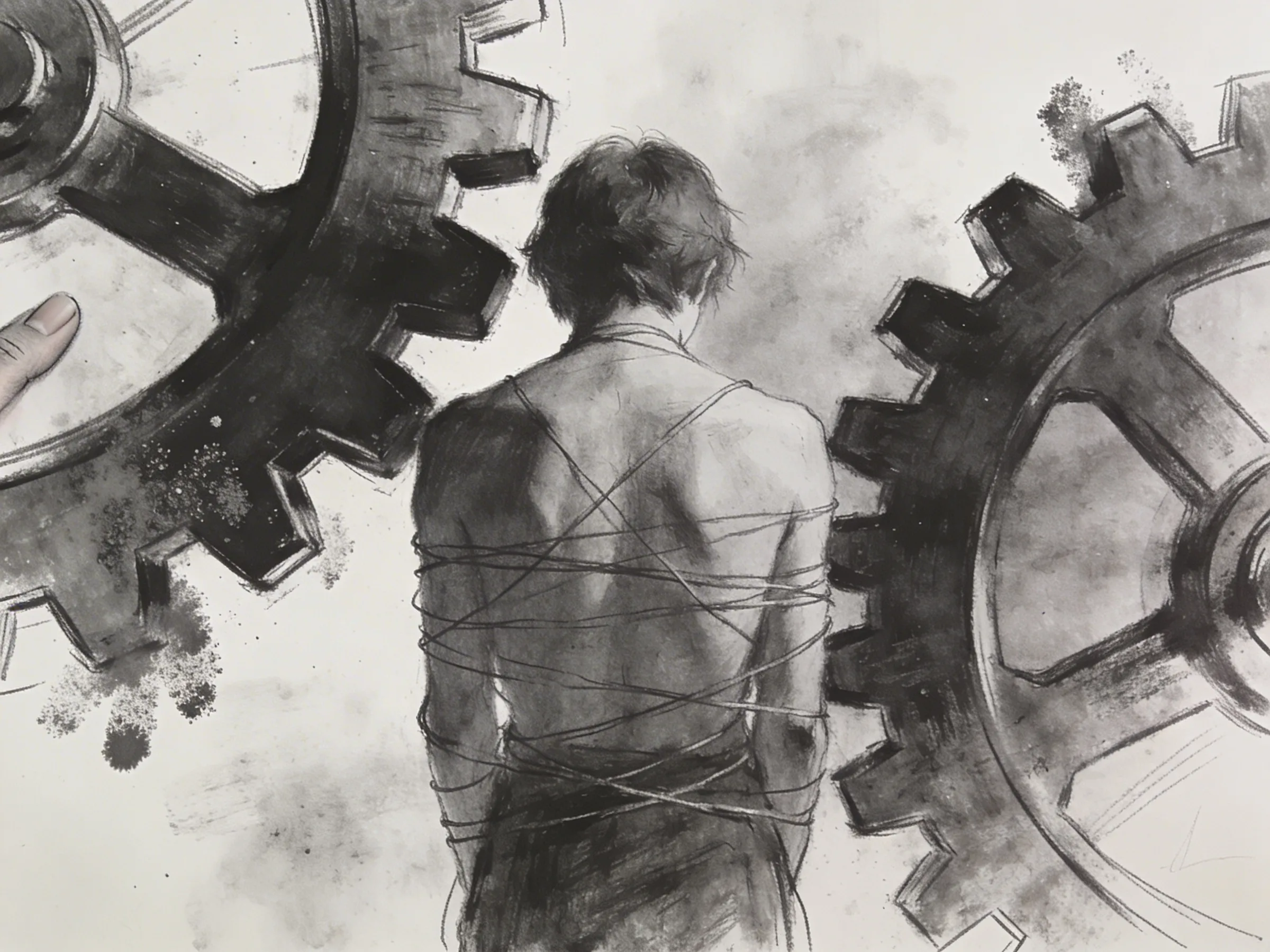 背對觀眾被線纏繞的人，夾在巨大齒輪之間