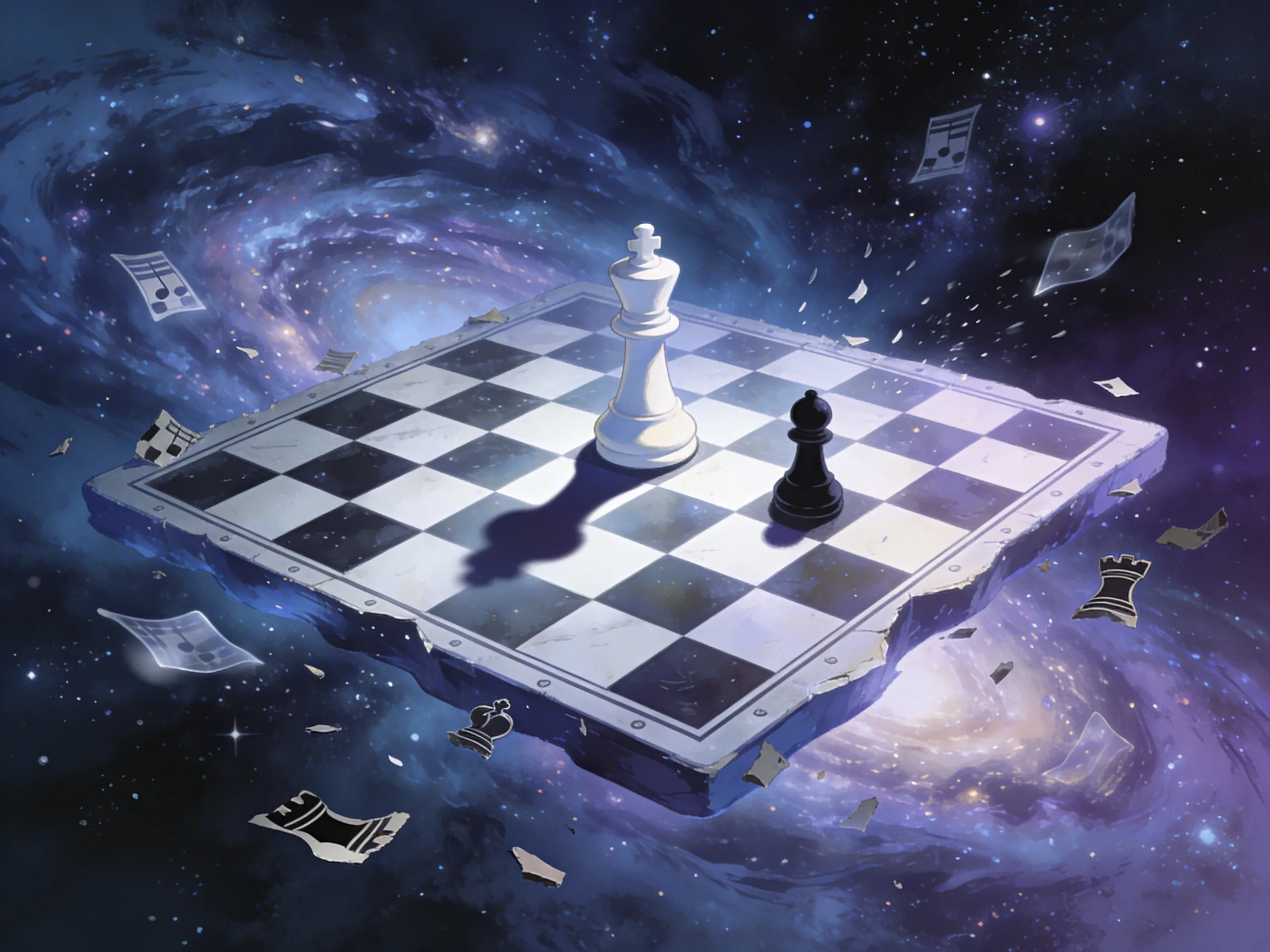 棋盤漂浮星空中，白黑棋子自我對弈