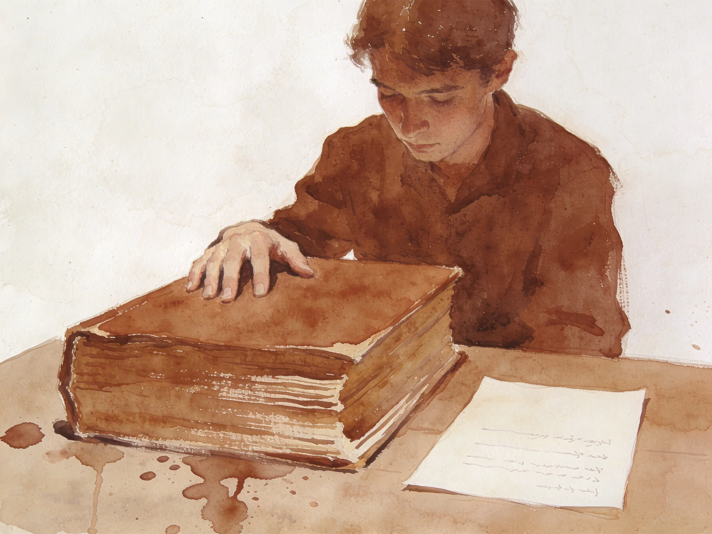 一個人坐在桌前，手放在厚書上，旁邊是一張快要消失的薄紙