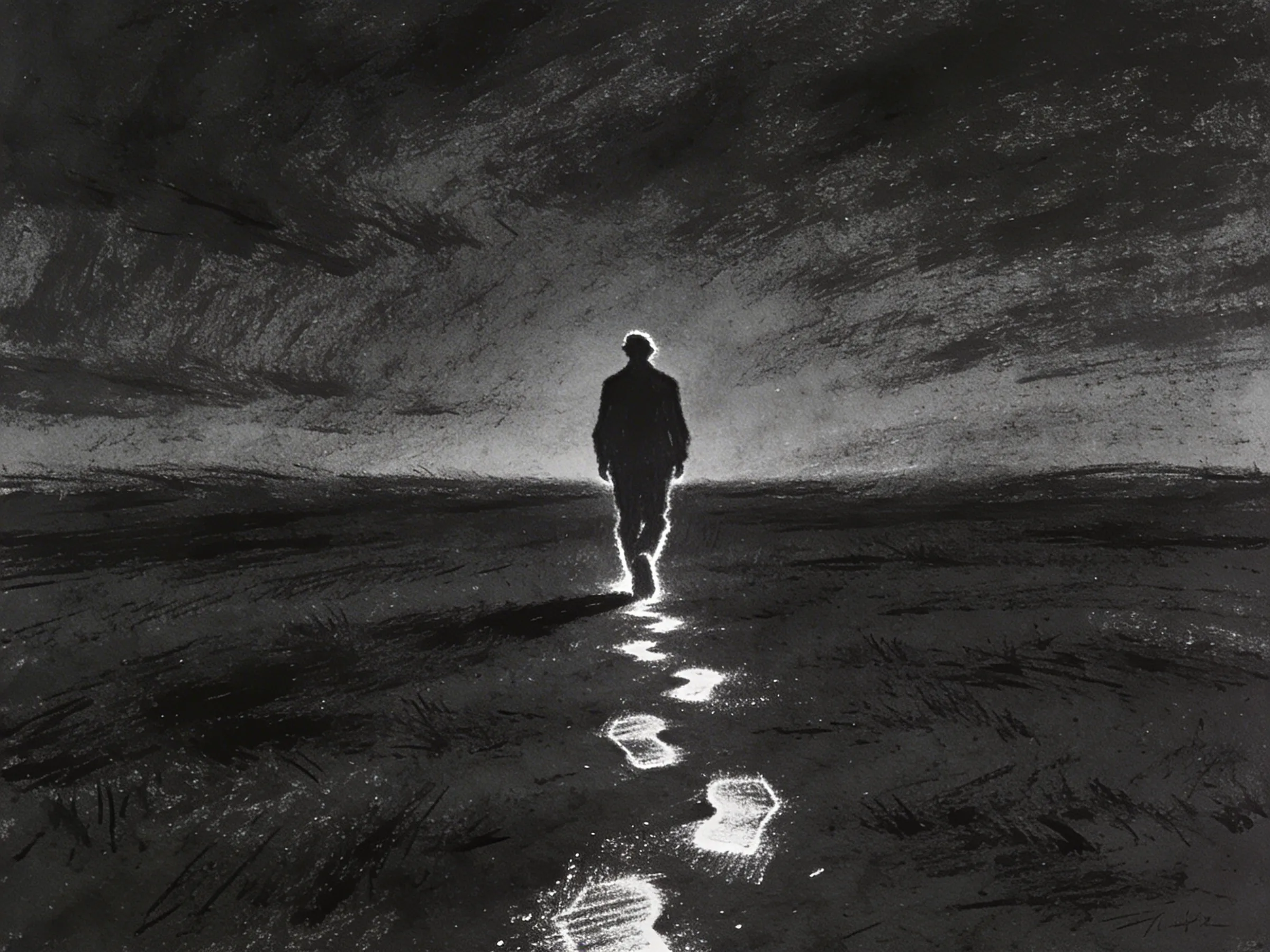 一個人在荒原上行走，身後的腳印發出光芒