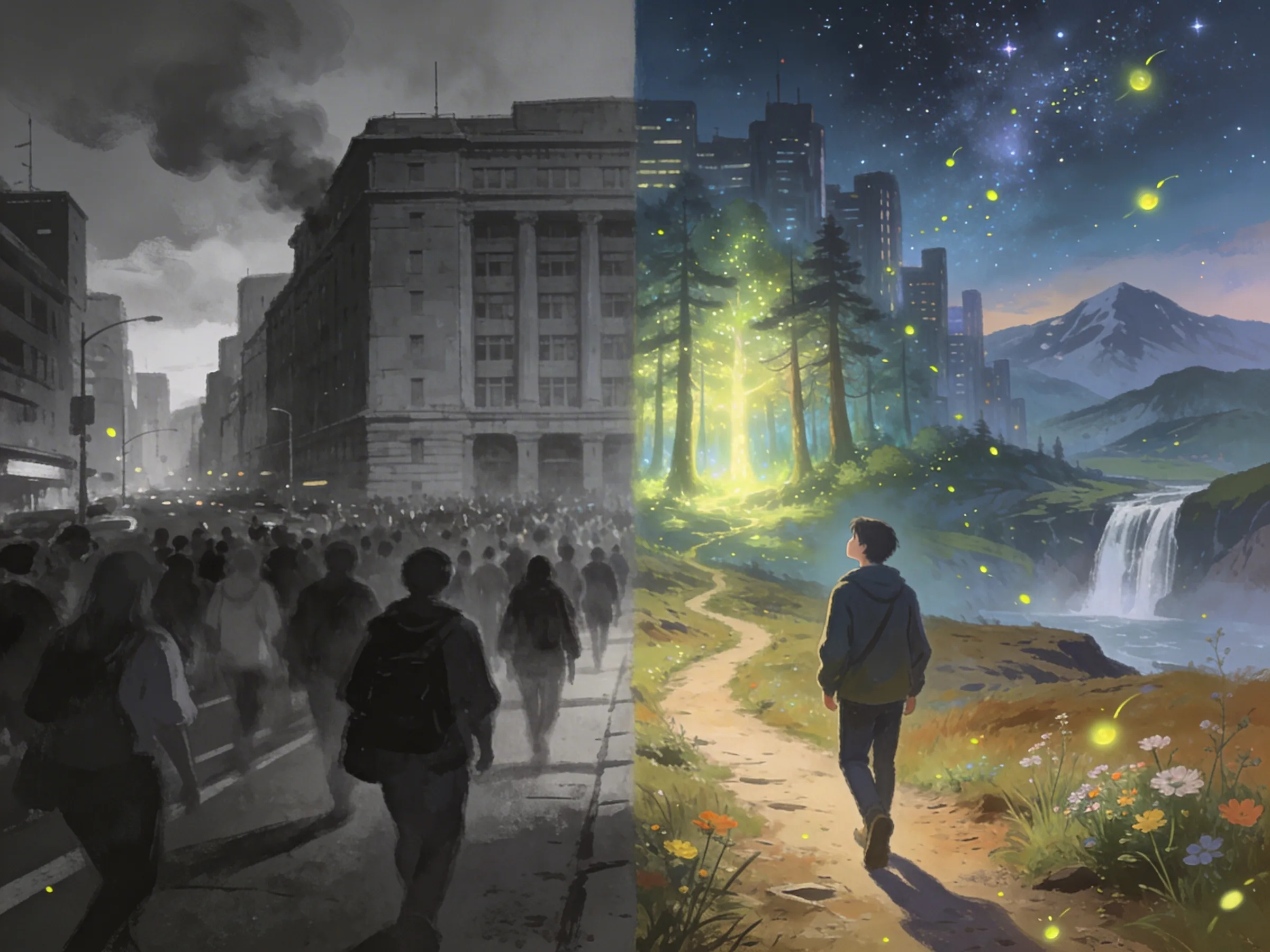 一人離開擁擠人群，走向星空下的壯麗風景